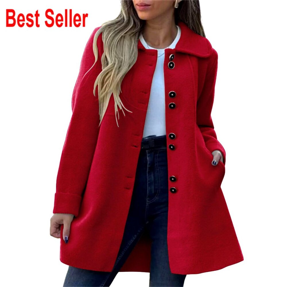 Women's Wool Pea Coat Single Breasted Lapel Collar A-Line Silhouette